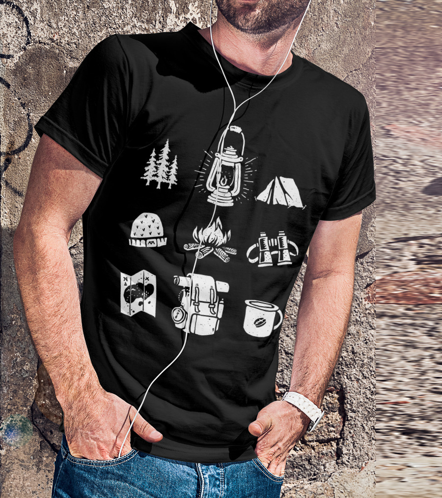 Camp Lantern Tent Trees Fire Backpack Binoculars Map Mug Beanie T-Shirt