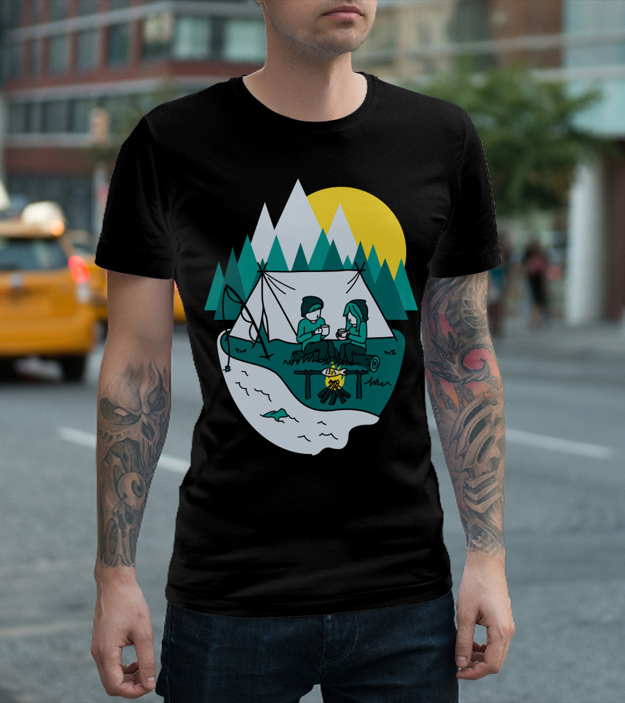 Camplove Cozy Campfire Mountain Scene with Tent and River T-Shirt