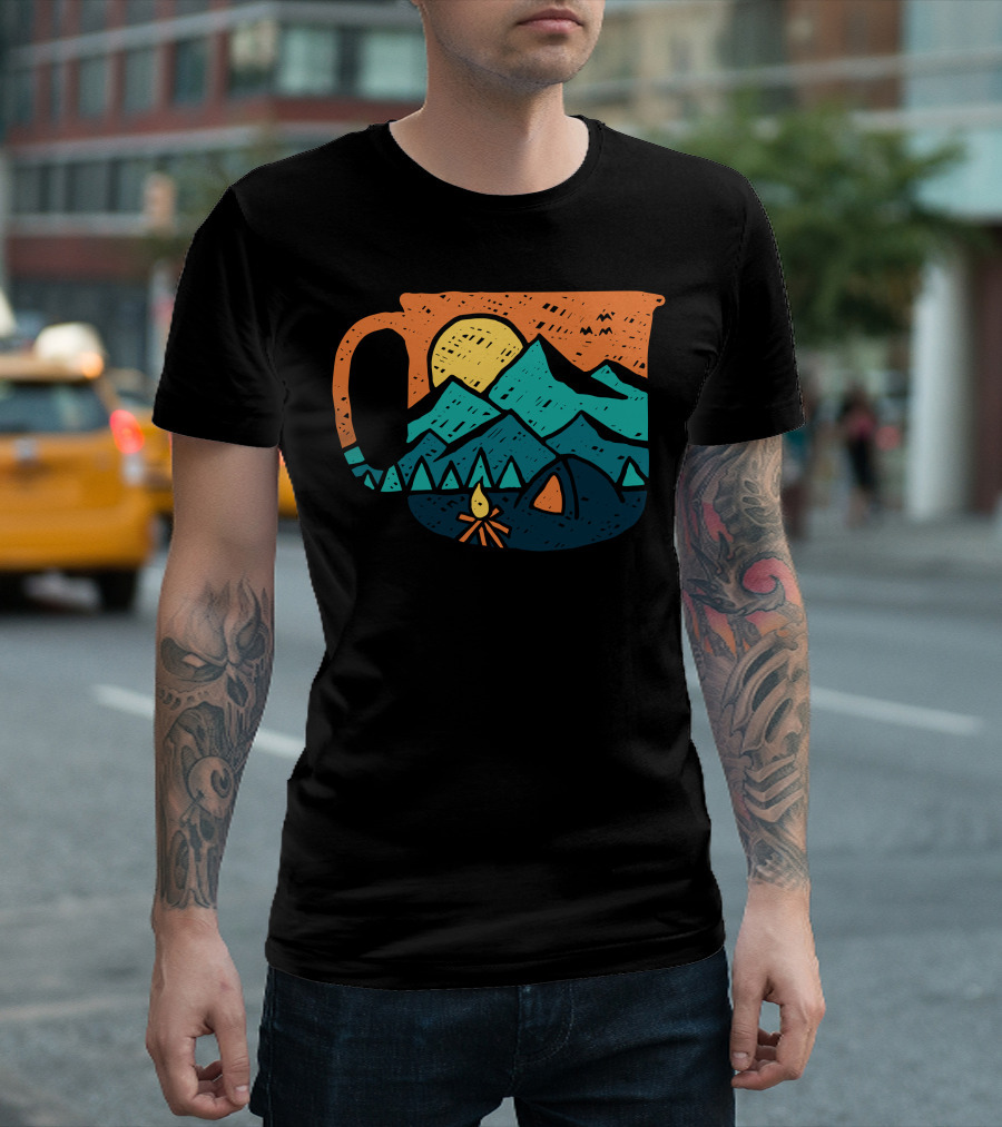 Coffee Mug with Campfire and Mountain Adventure Scene T-Shirt