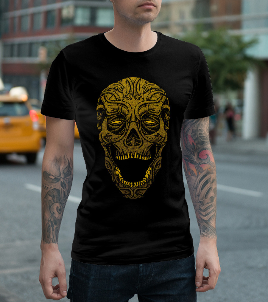 Dark Carver Ornate Skull Design Gold Tribal T-Shirt