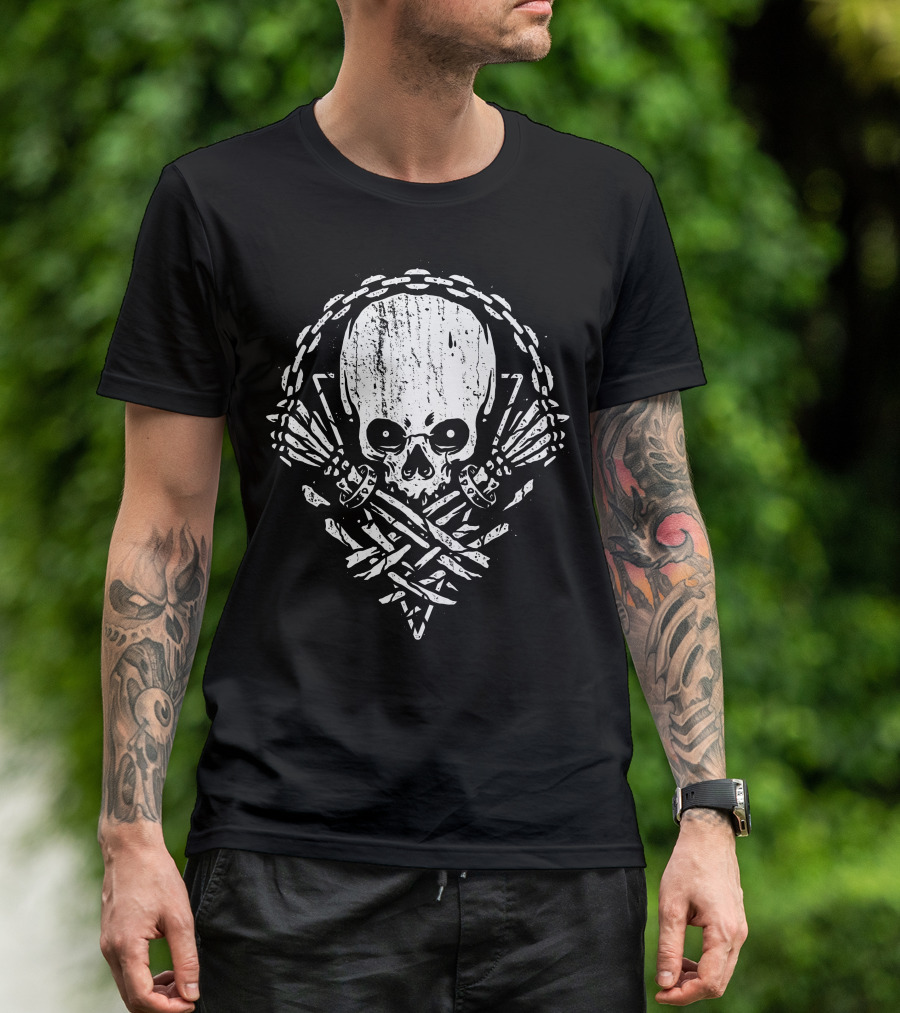Death By Sequence Skull Enclosed In Chains And Skeleton Hands T-Shirt