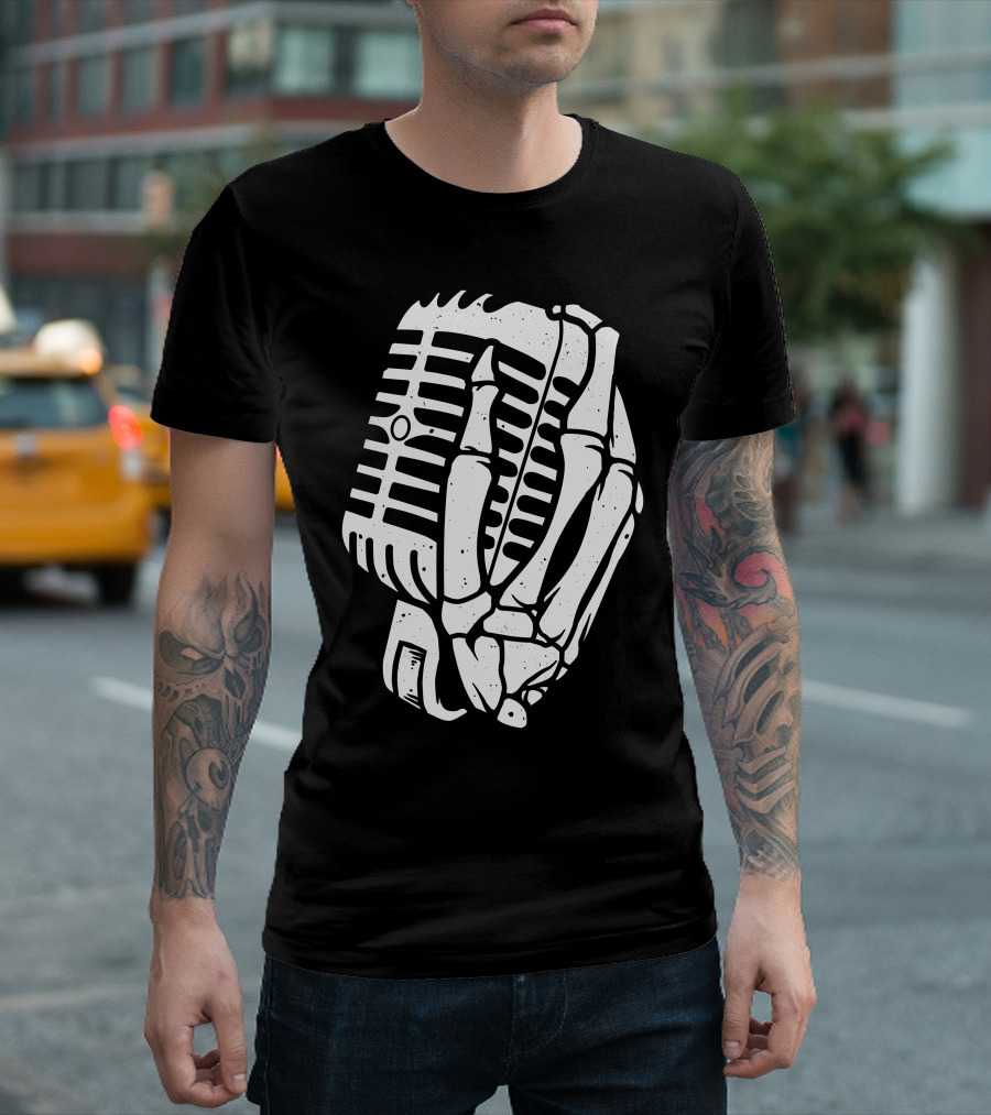 Skeleton Hand Gripping Vintage Microphone Death Singer T-Shirt