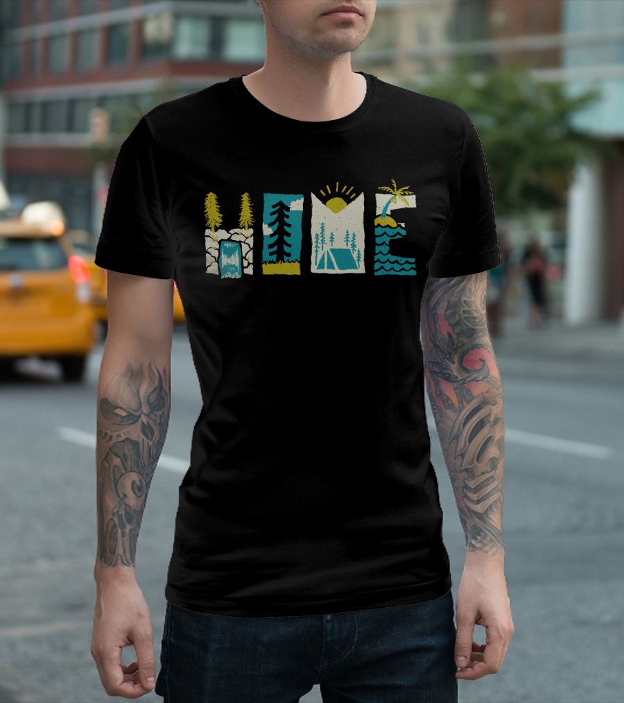 Home Nature Landscape Waterfall Trees Sun Tent Ocean Palm T-Shirt