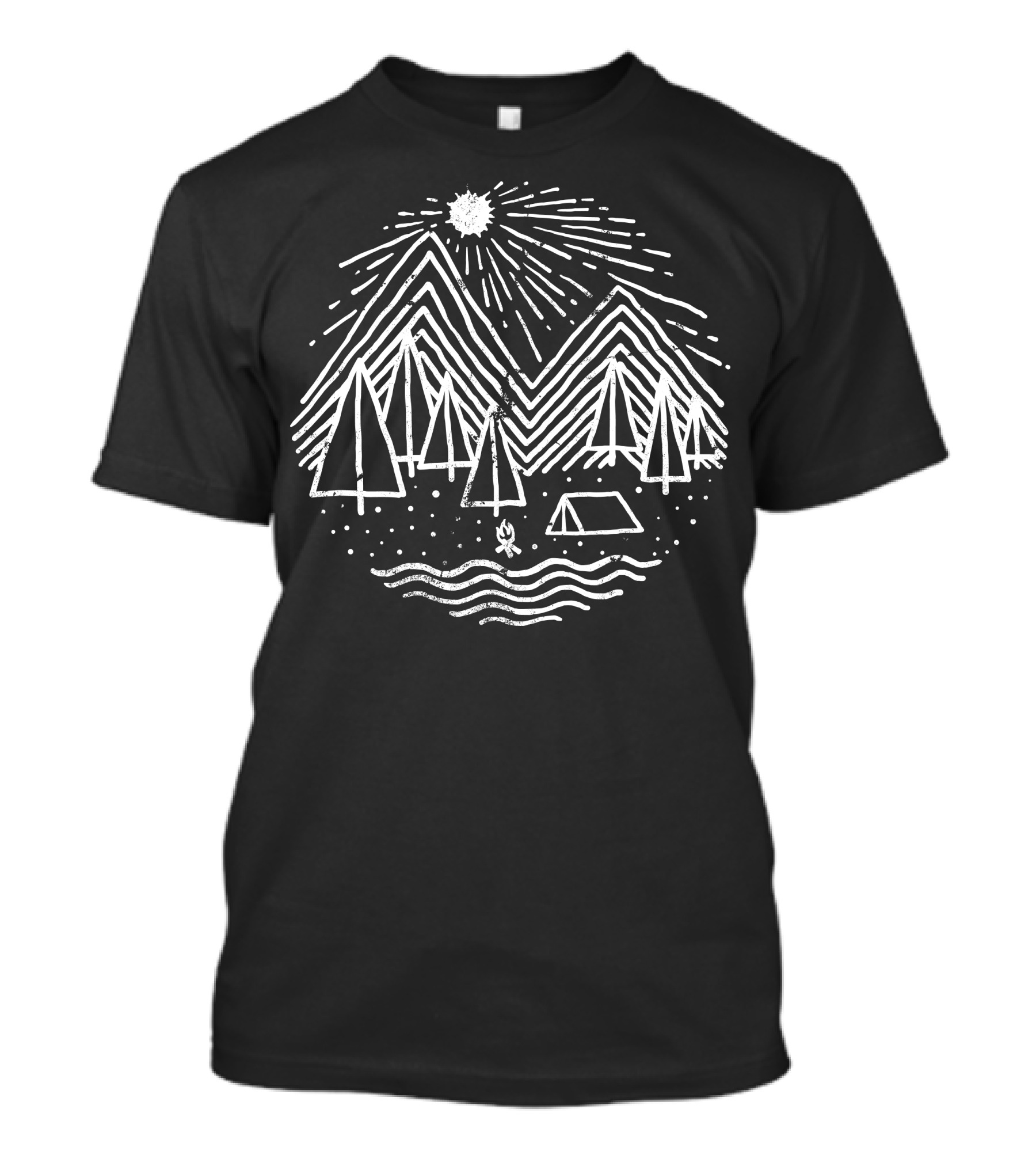 Journey Camping Adventure Mountain Scene Campfire Stars Forest Sun River T-Shirt