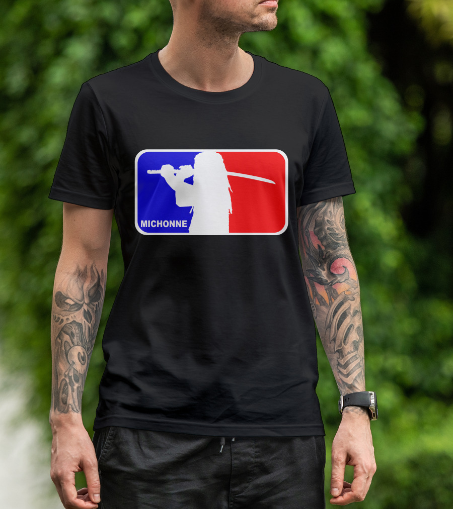 Michonne Nba Style Silhouette With Sword In Blue And Red T-Shirt