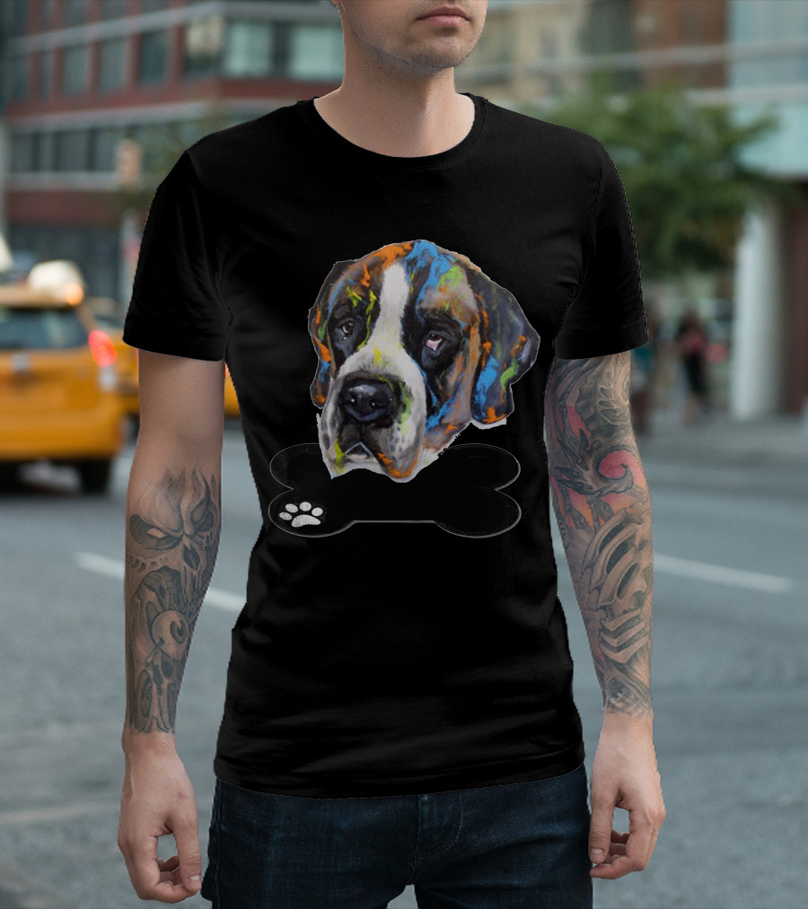 My Dog Colorful Saint Bernard Face with Bone and Paw Prints T-Shirt