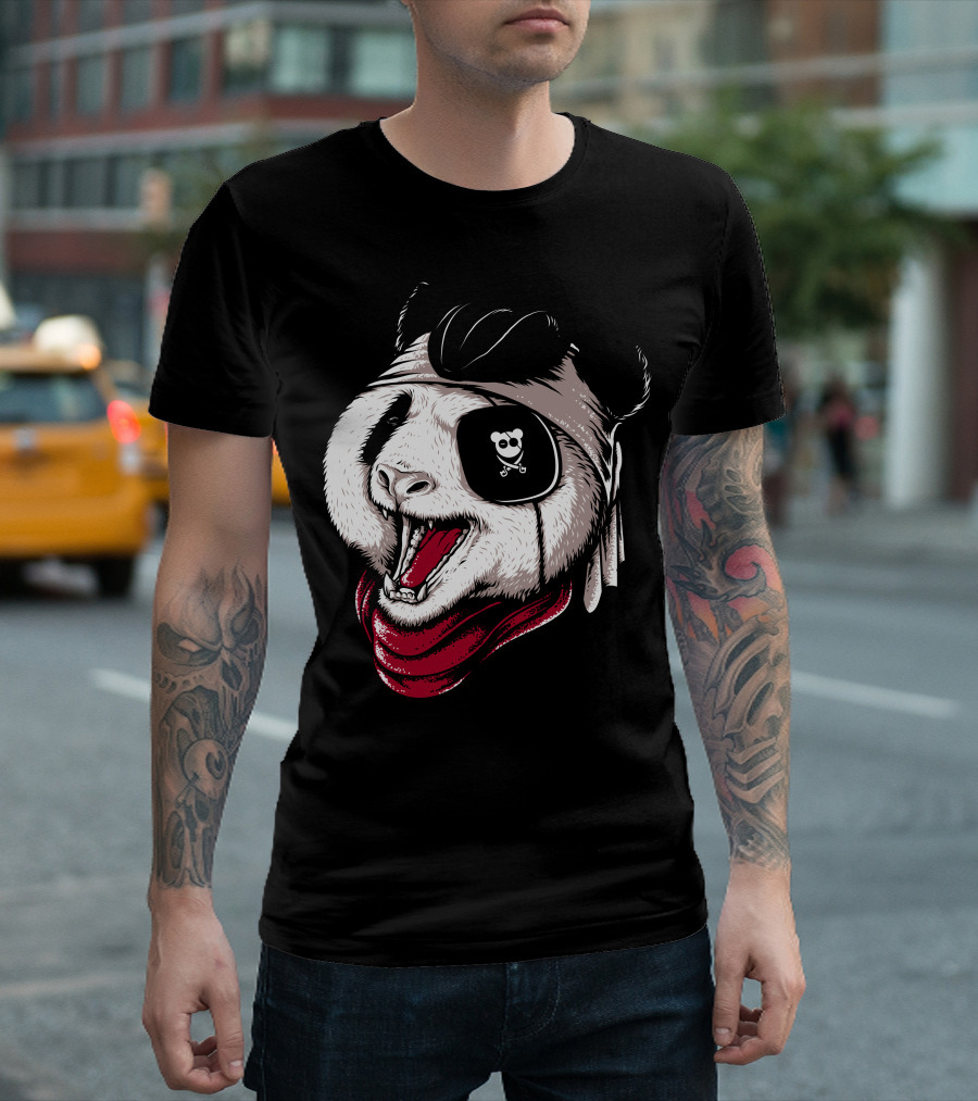 Panda Pirate Eyepatch Bandana Crossbones Tongue Out T-Shirt