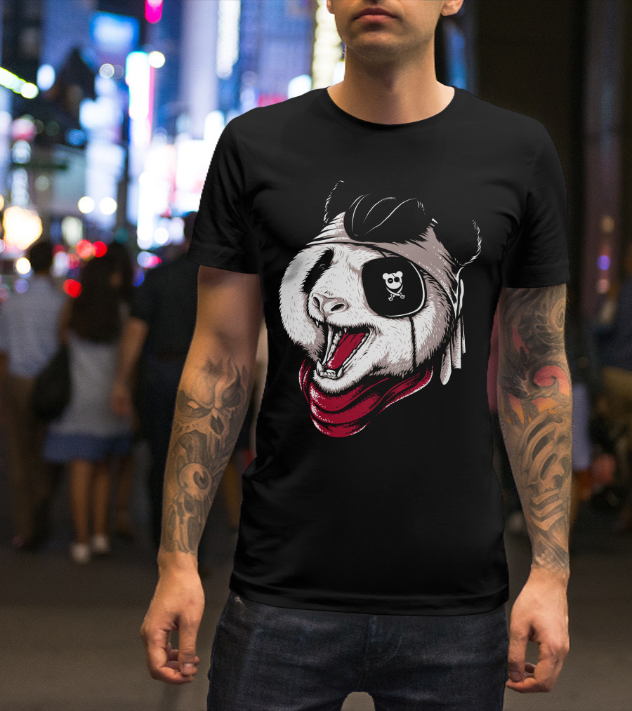 Panda Pirate Eyepatch Bandana Crossbones Tongue Out T-Shirt