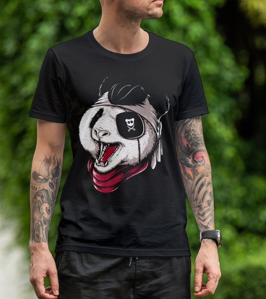 Panda Pirate Eyepatch Bandana Crossbones Tongue Out T-Shirt