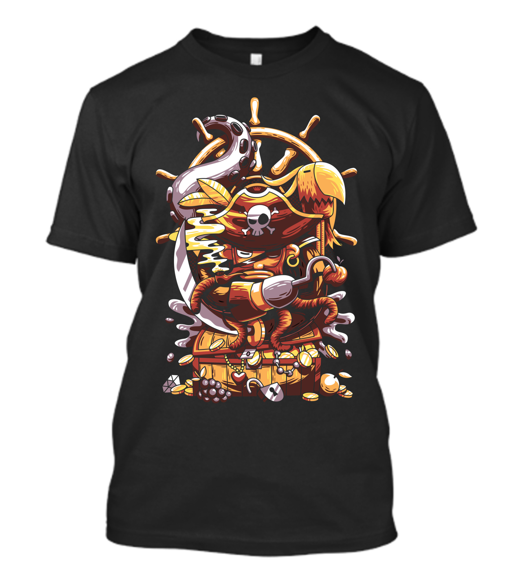Pirate Treasure Chest Octopus Steering Wheel Sword Skulls T-Shirt