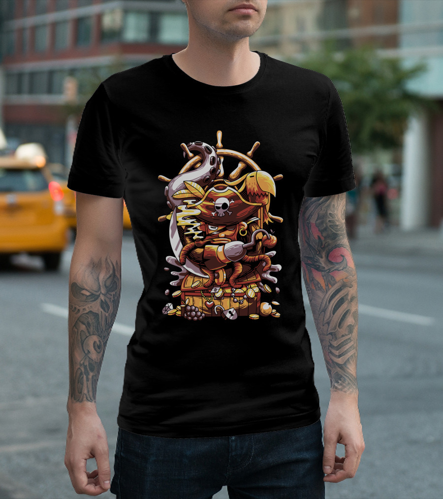 Pirate Treasure Chest Octopus Steering Wheel Sword Skulls T-Shirt