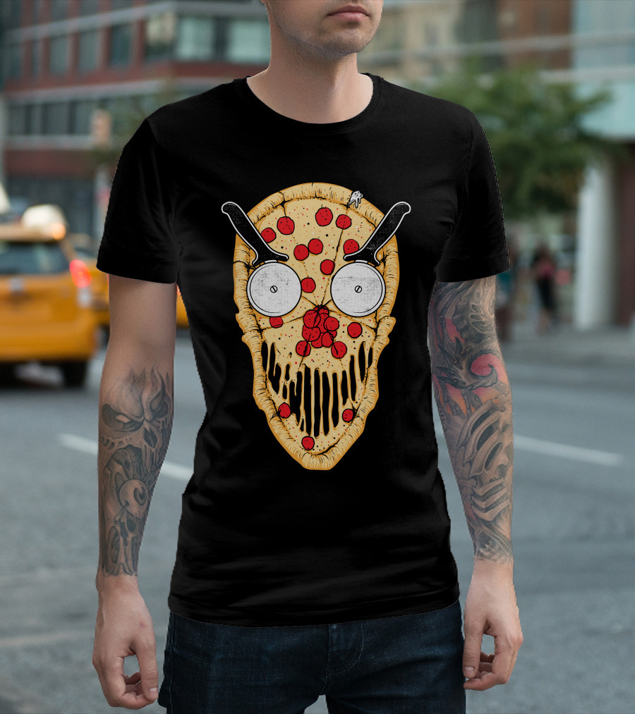 Pizskull Pizza Slice Skull Design with Spoons and Pepperoni T-Shirt
