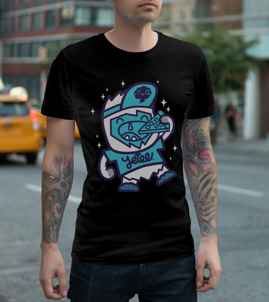 Yetee Eating Pizza in Cartoon Style Cosmic Sparkle Scene T-Shirt