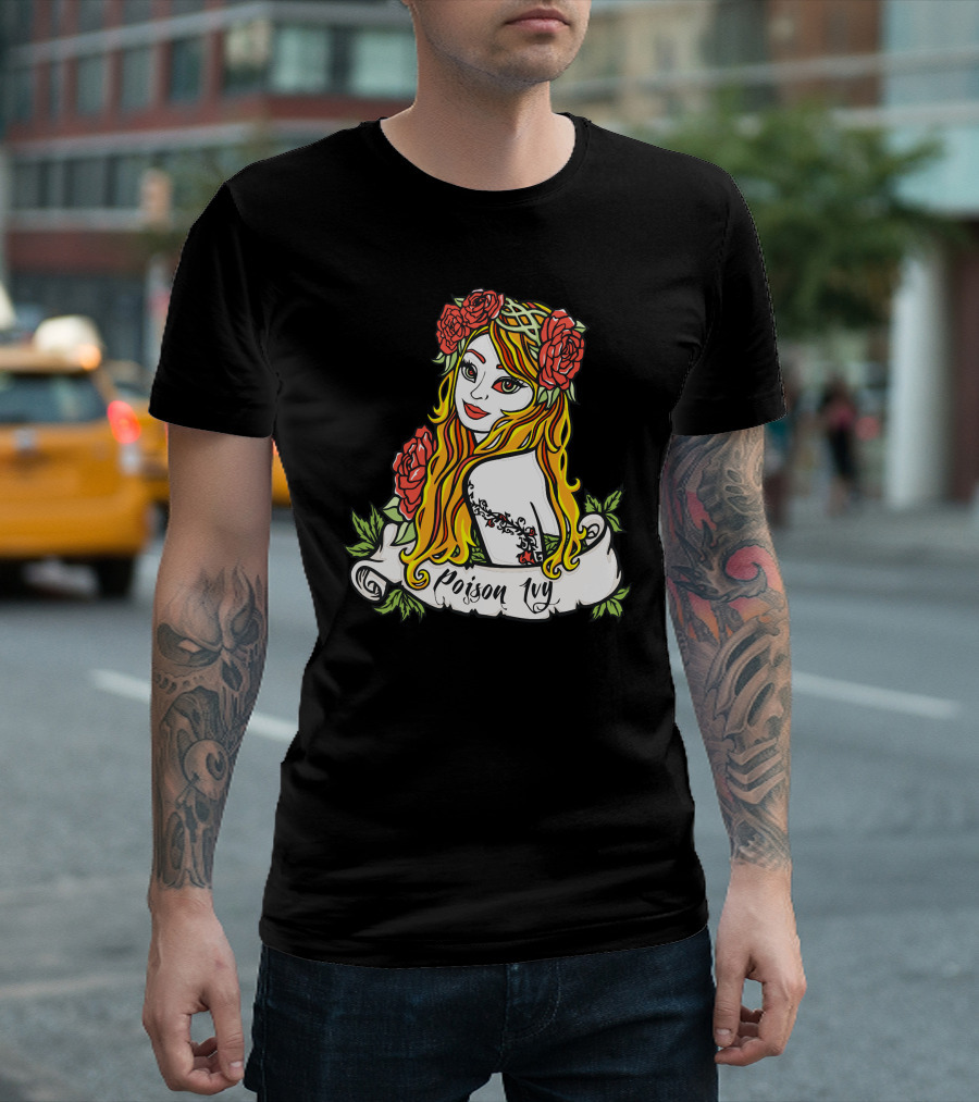 Poison Ivy Rose Tattoo with Blonde Hair and Floral T-Shirt