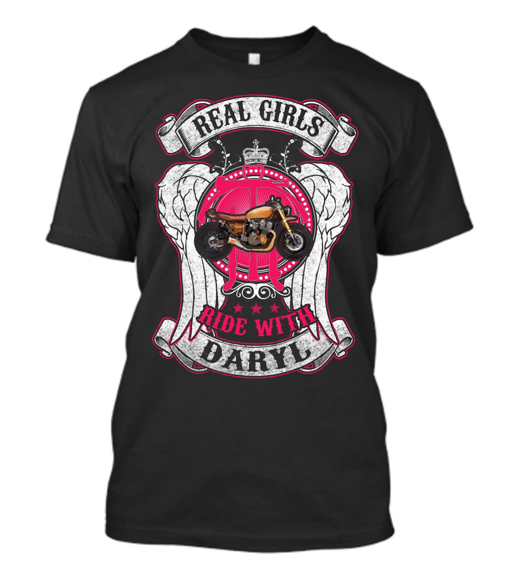 Real Girls Ride With Daryl Winged Motorcycle Emblem T-Shirt