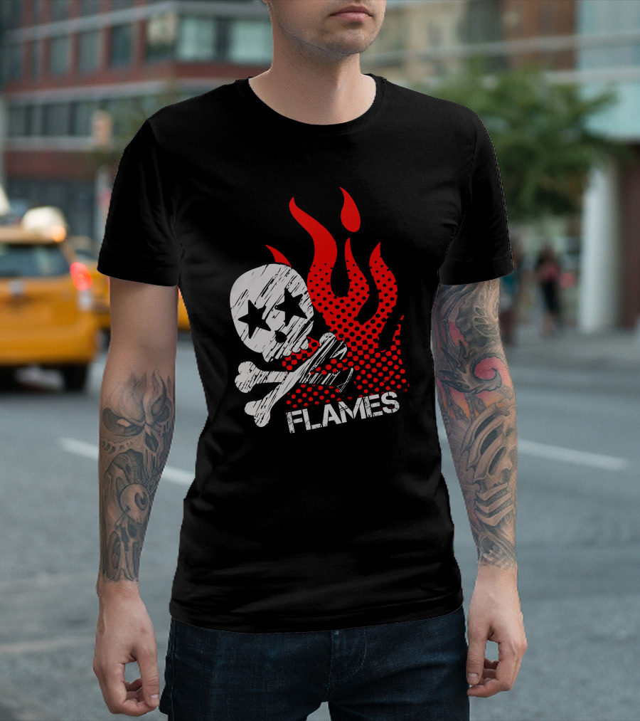 Skull Flames Red Stars Bones T-Shirt