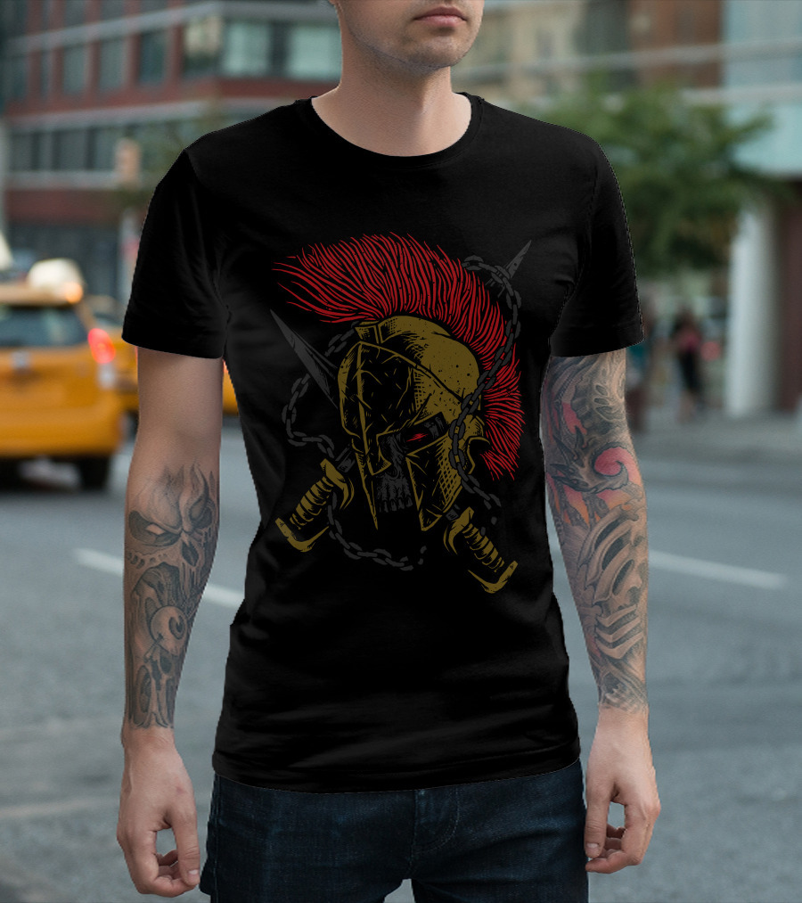Sparta Warrior Skull Helmet With Red Plume And Crossed Swords T-Shirt