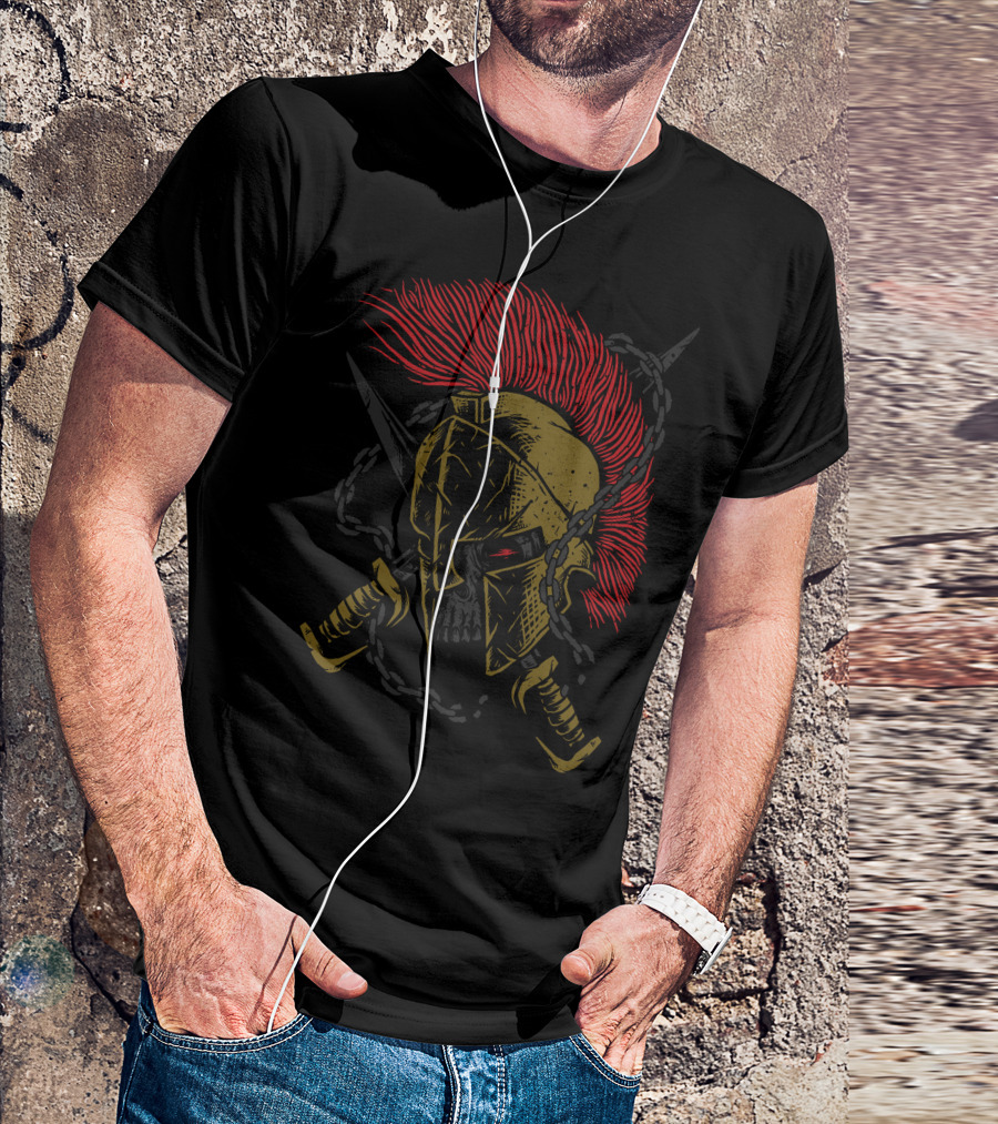 Sparta Warrior Skull Helmet With Red Plume And Crossed Swords T-Shirt