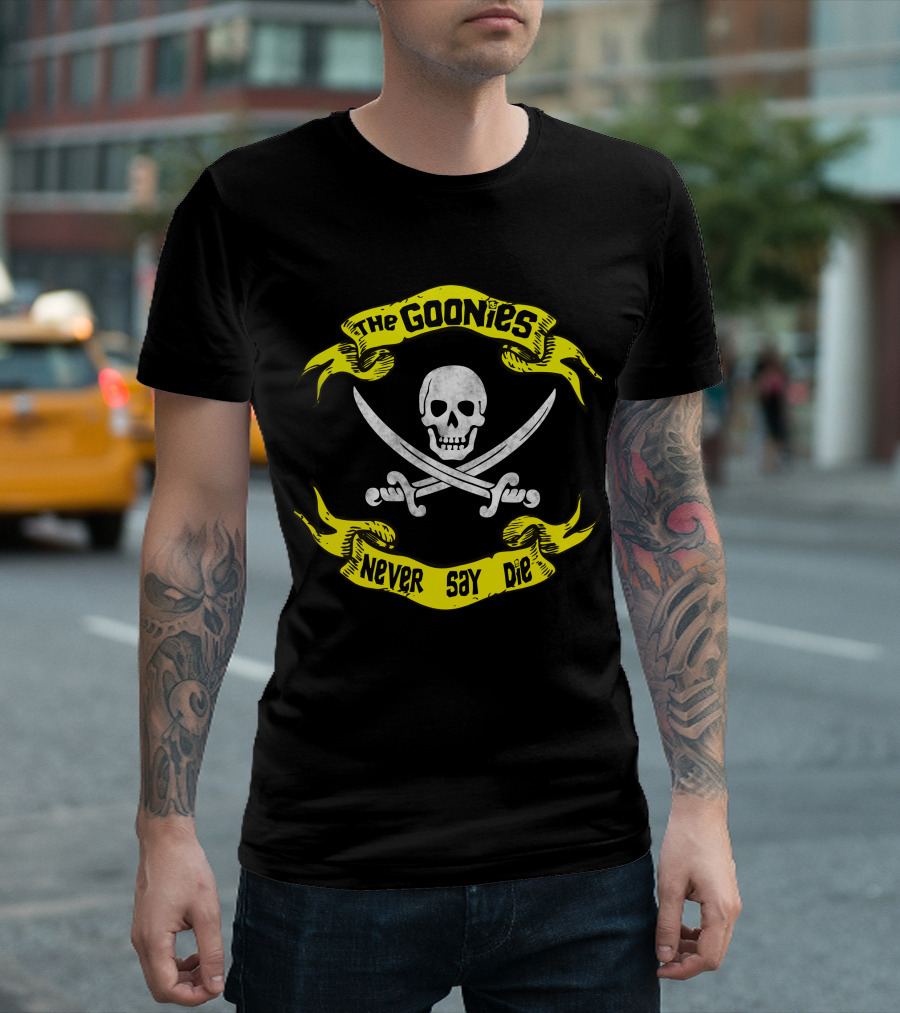 The Goonies Never Say Die Skull and Crossed Swords Iconic Phrase T-Shirt
