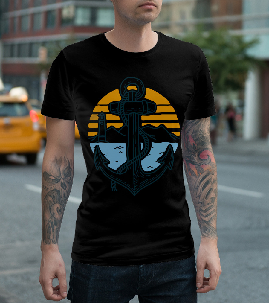 Anchor Point Nautical Sunset With Lighthouse And Mountains T-Shirt