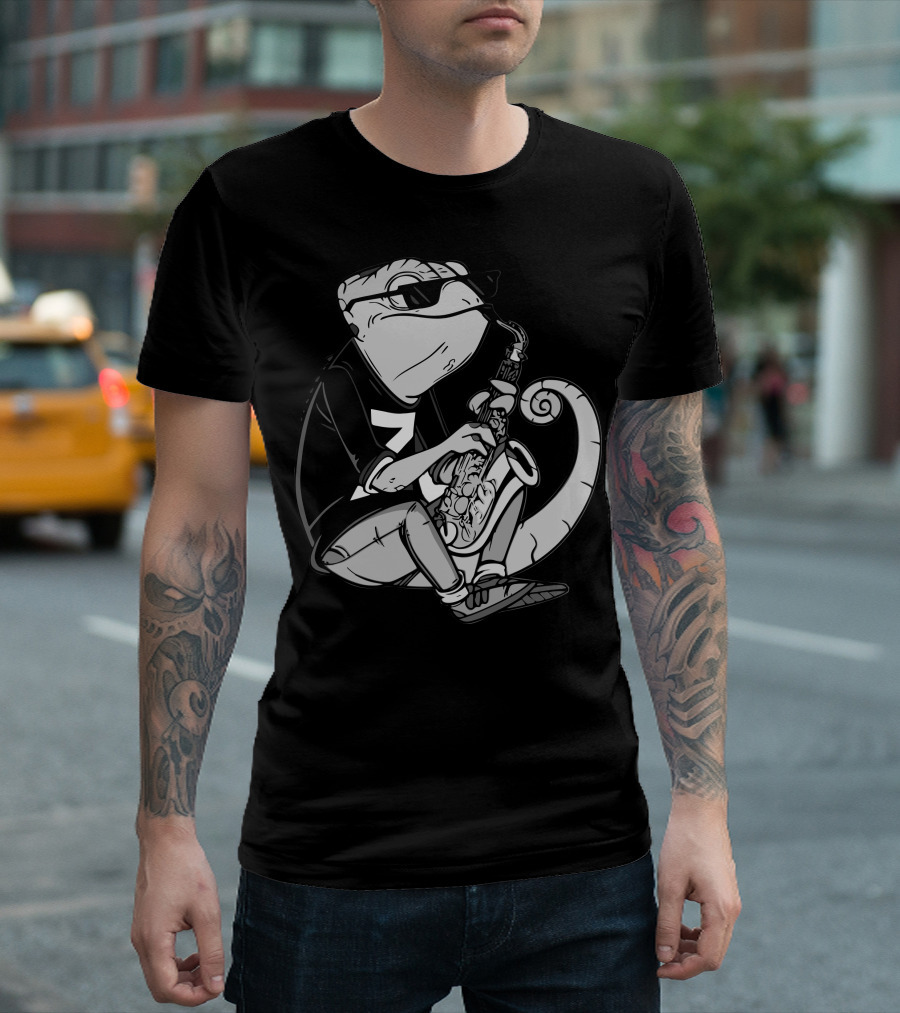 Chameleon Cool Jazz Saxophone Player with Sunglasses and Number Seven T-Shirt