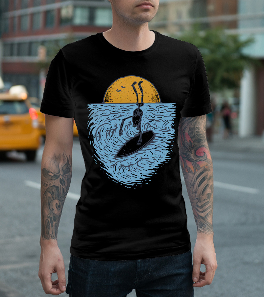 Death Surfer Skeleton Riding A Wave At Sunset T-Shirt