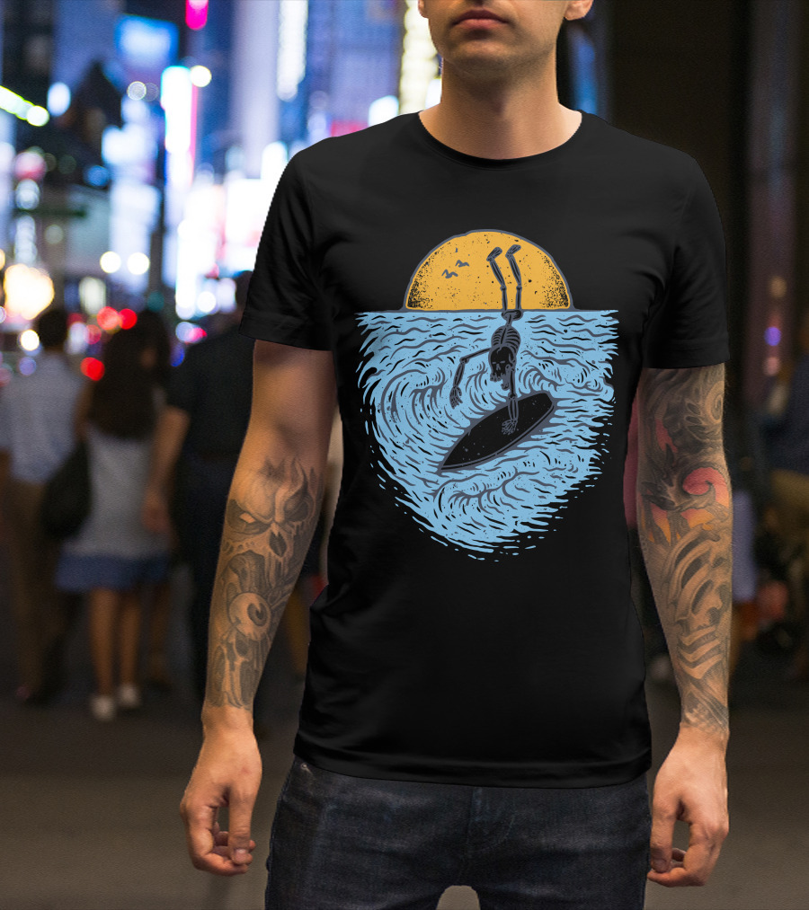 Death Surfer Skeleton Riding A Wave At Sunset T-Shirt