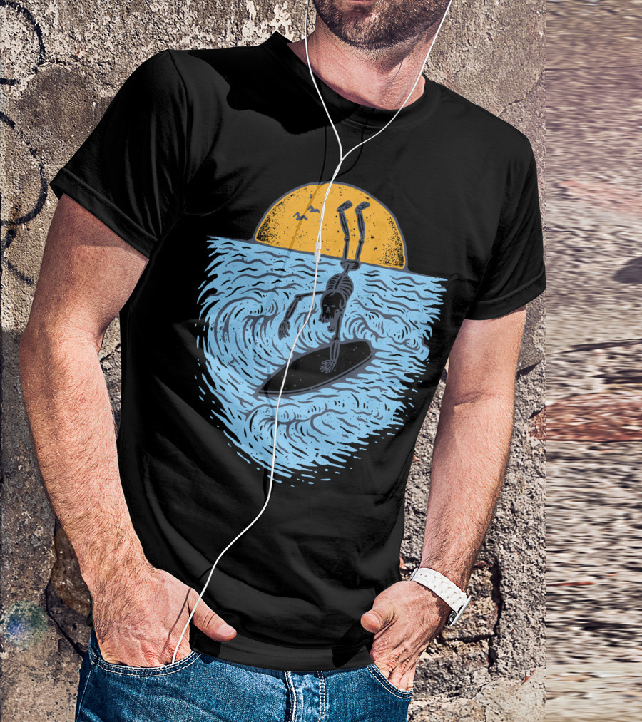 Death Surfer Skeleton Riding A Wave At Sunset T-Shirt