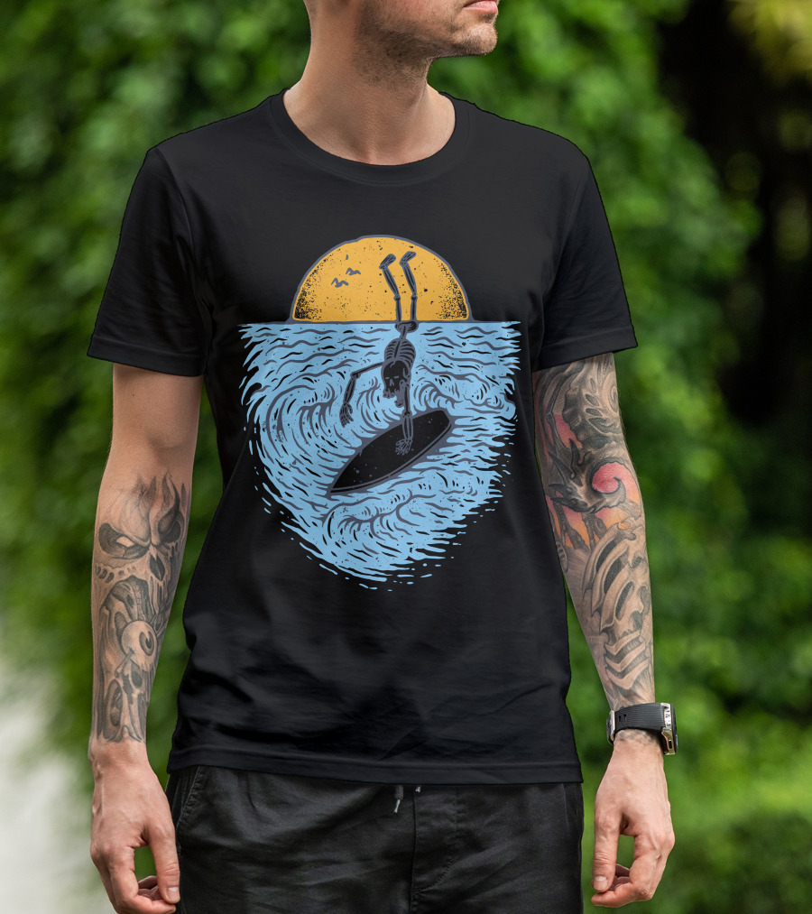 Death Surfer Skeleton Riding A Wave At Sunset T-Shirt
