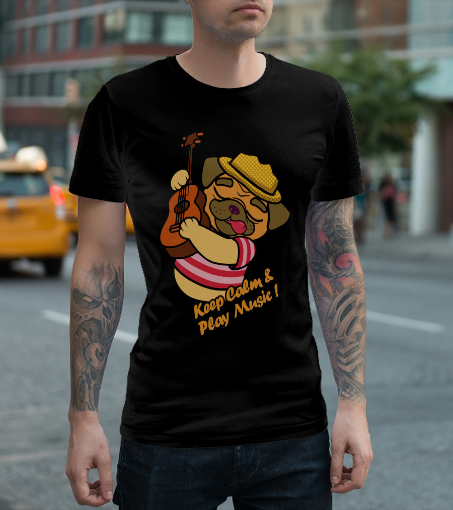 Keep Calm and Play Music Pug with Guitar and Straw Hat T-Shirt