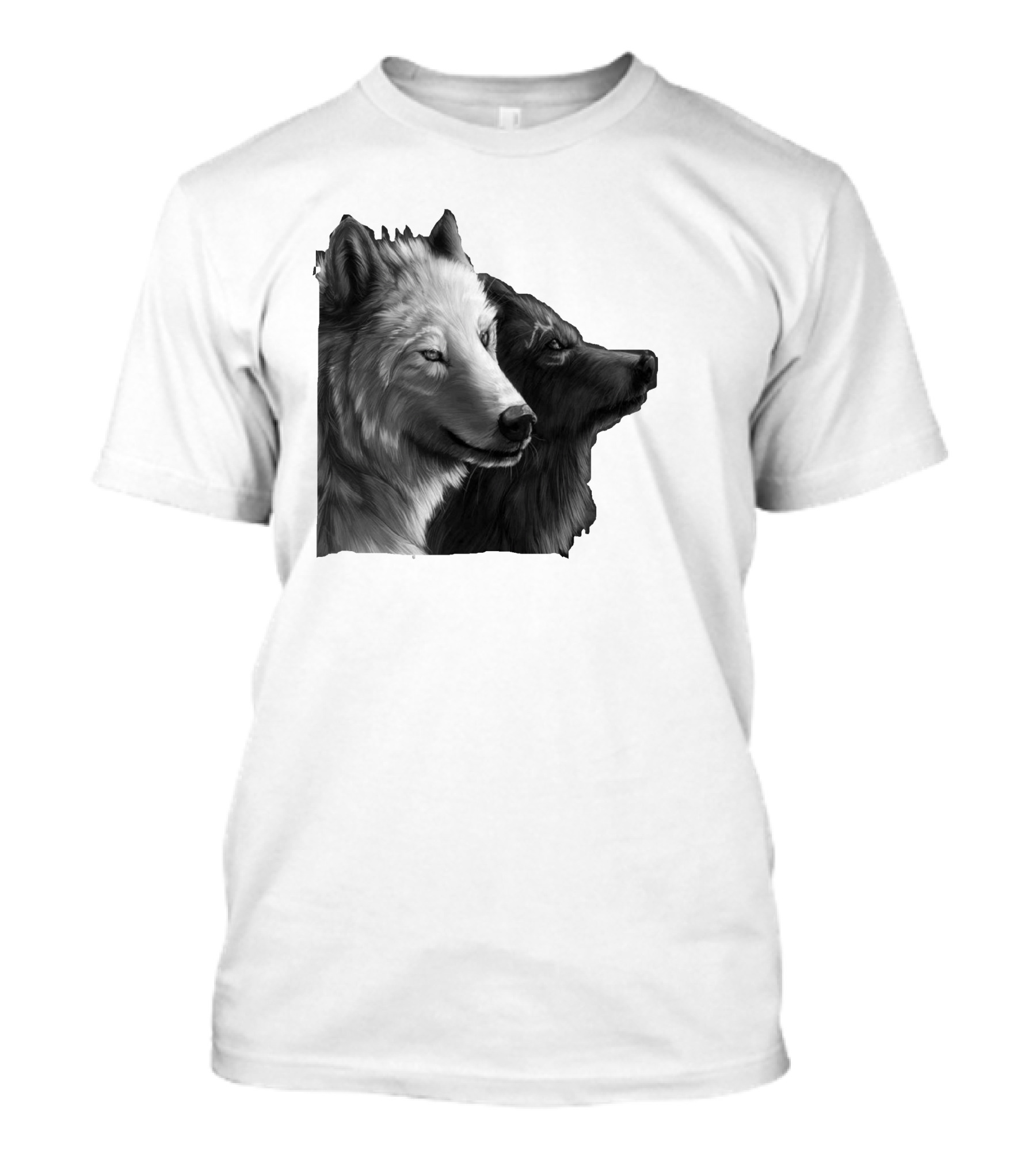 Kurt Ve Kurt Siyah Ve Beyaz Kurt Başları Yan Profil Çizimi T-Shirt