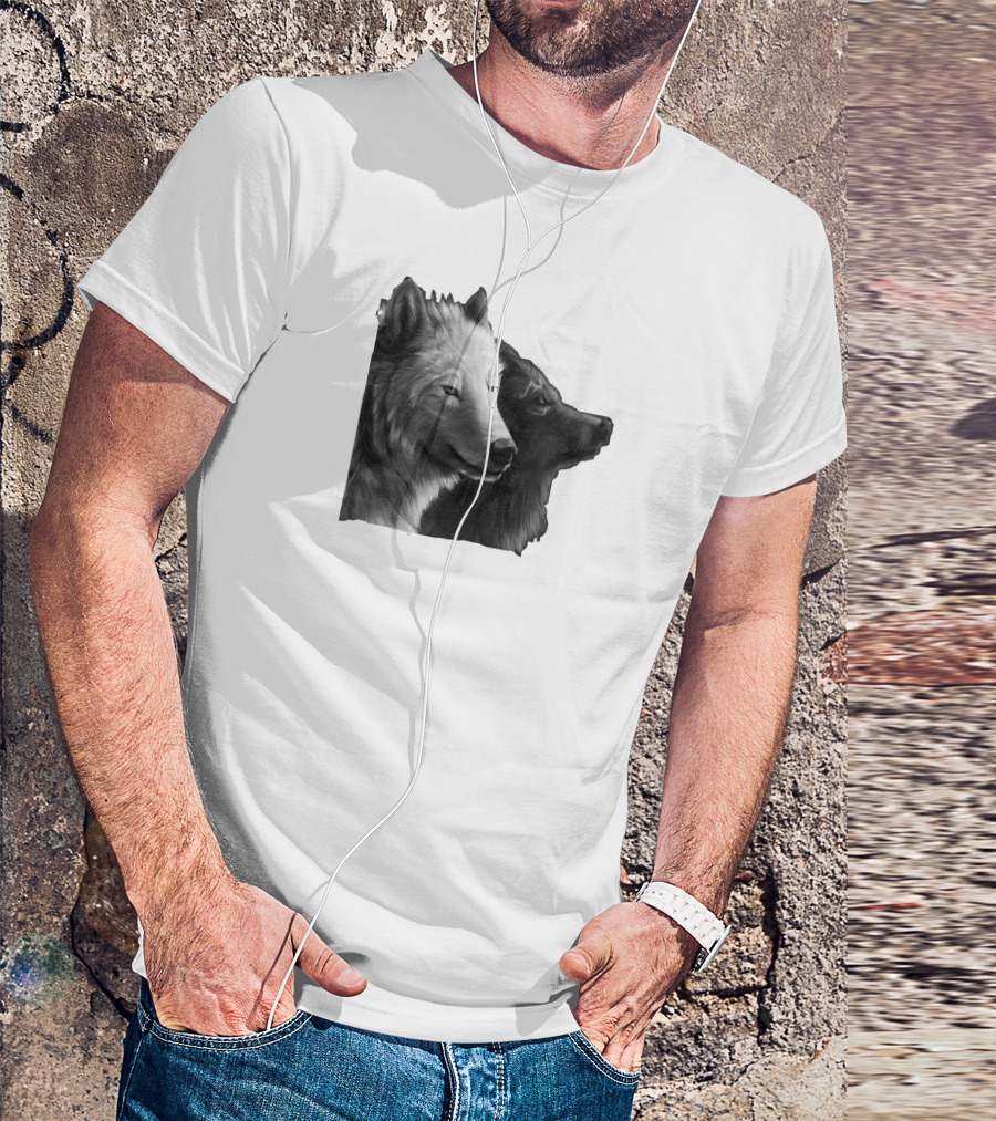 Kurt Ve Kurt Siyah Ve Beyaz Kurt Başları Yan Profil Çizimi T-Shirt