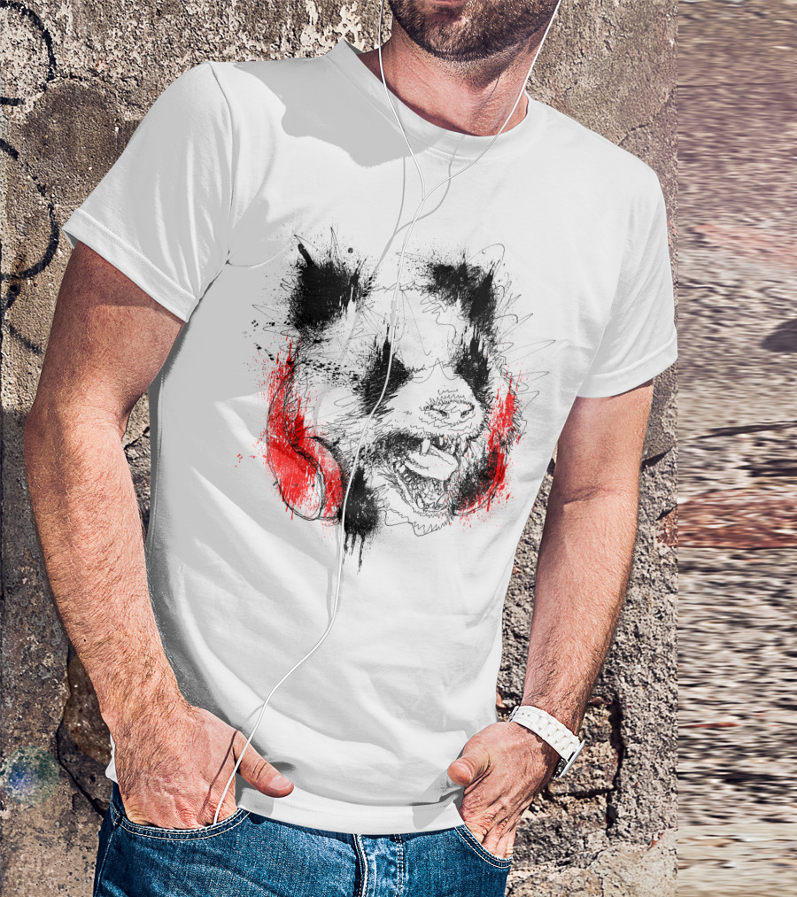 Panda Roar Red Headphones Scratch T-Shirt