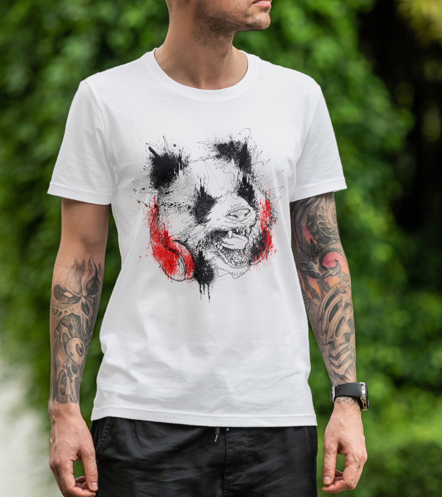Panda Roar Red Headphones Scratch T-Shirt