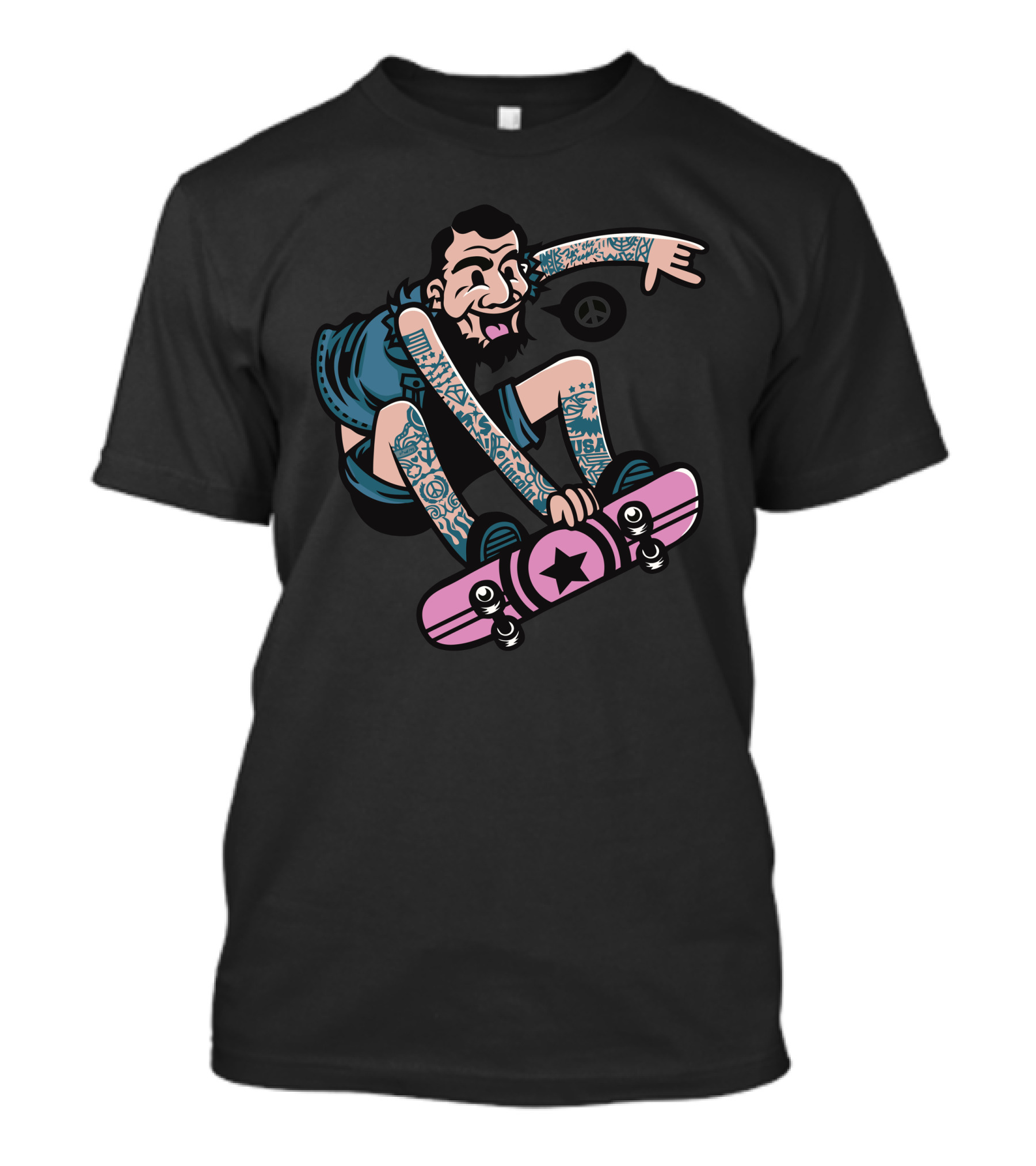 Peace Yoh Skater With Tattoos And Pink Star Skateboard T-Shirt