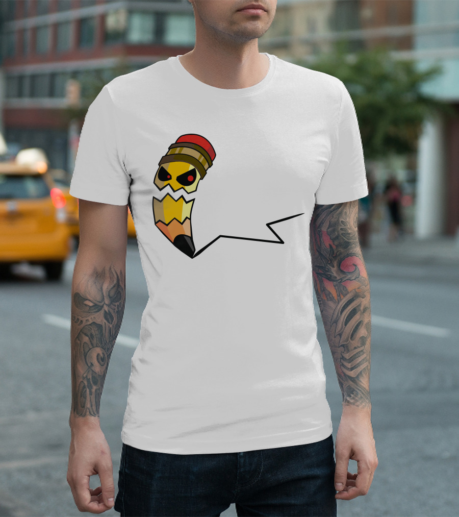 Pencil Monster Angry Cartoon Style With Eraser Hat And Jagged Line Trail T-Shirt