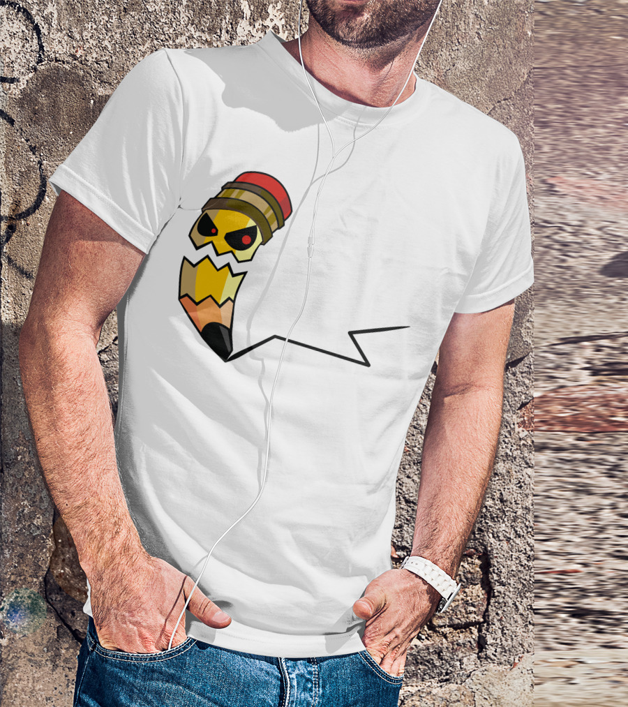 Pencil Monster Angry Cartoon Style With Eraser Hat And Jagged Line Trail T-Shirt