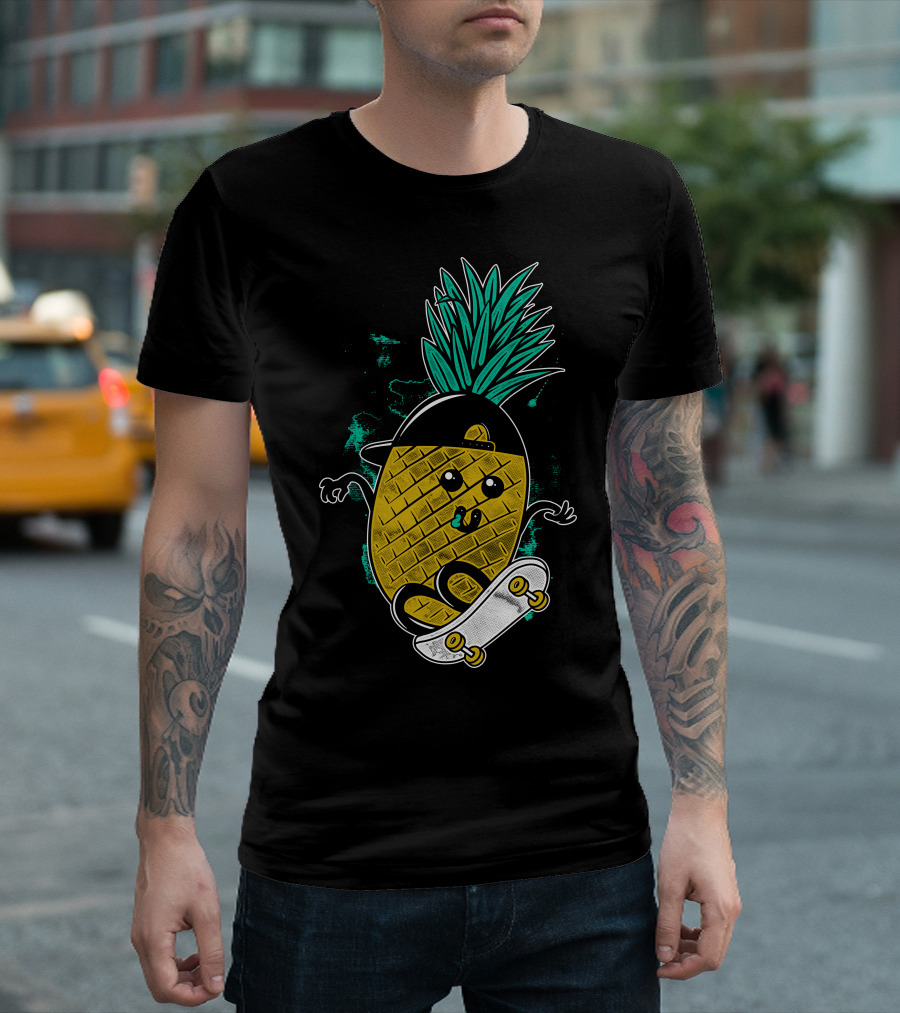 Pineapple Skateboarder with Cap and Cool Expression T-Shirt