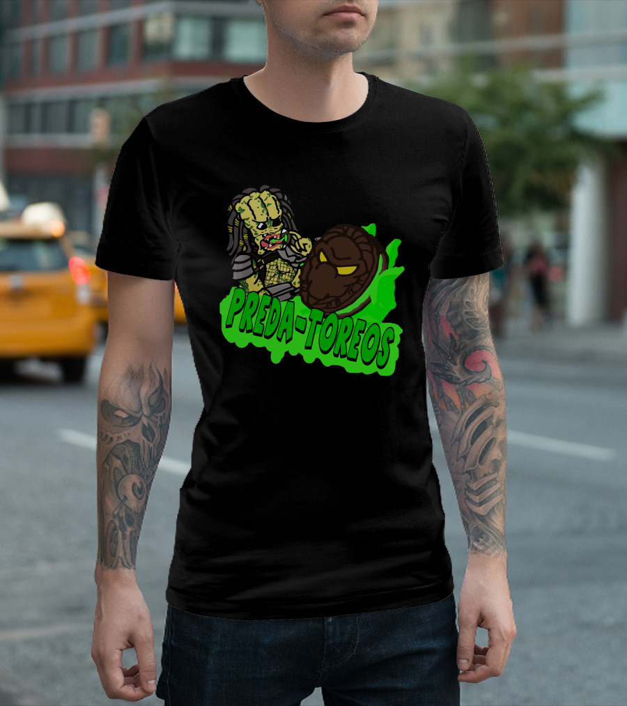 PREDA-TOREOS Alien Warrior with Mask and Green Flames T-Shirt