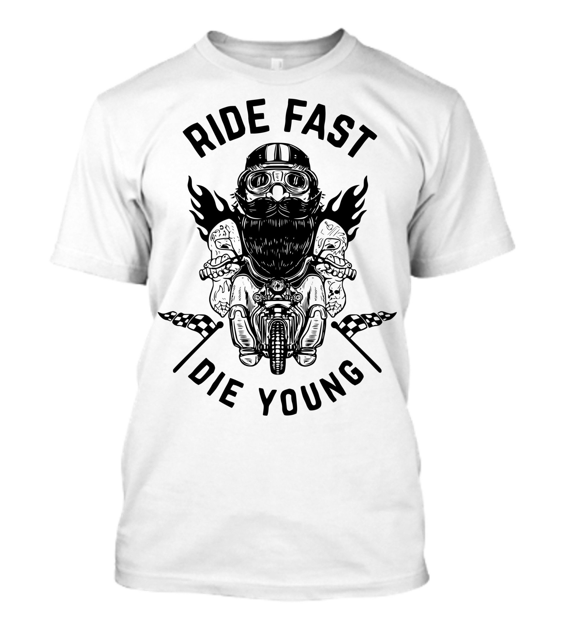 Ride Fast Die Young Motorcycle Skull Flames Goggles Cross Flags T-Shirt
