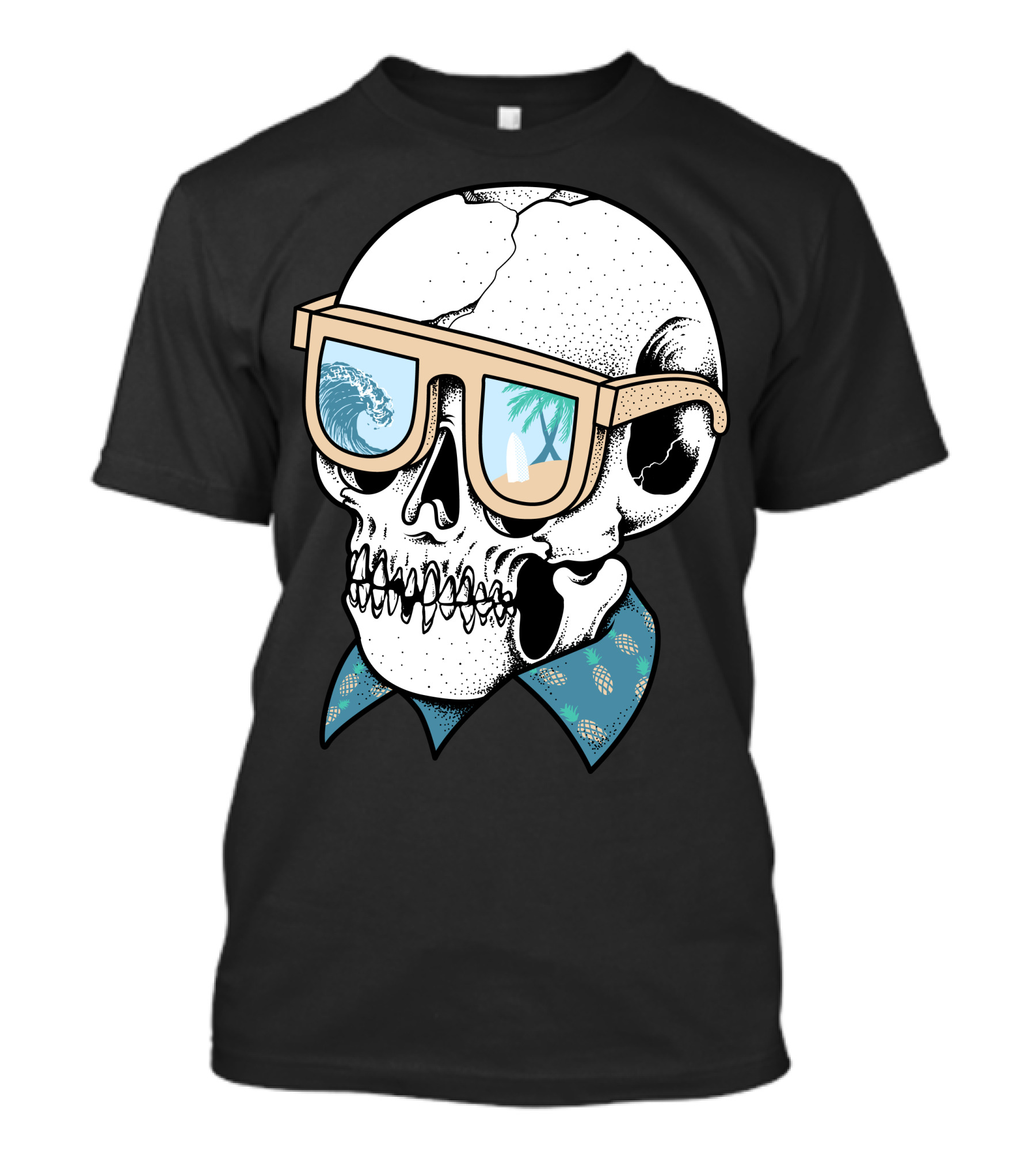 Skull Holiday Beach Vibes Sunglasses Surfing And Palm Trees T-Shirt
