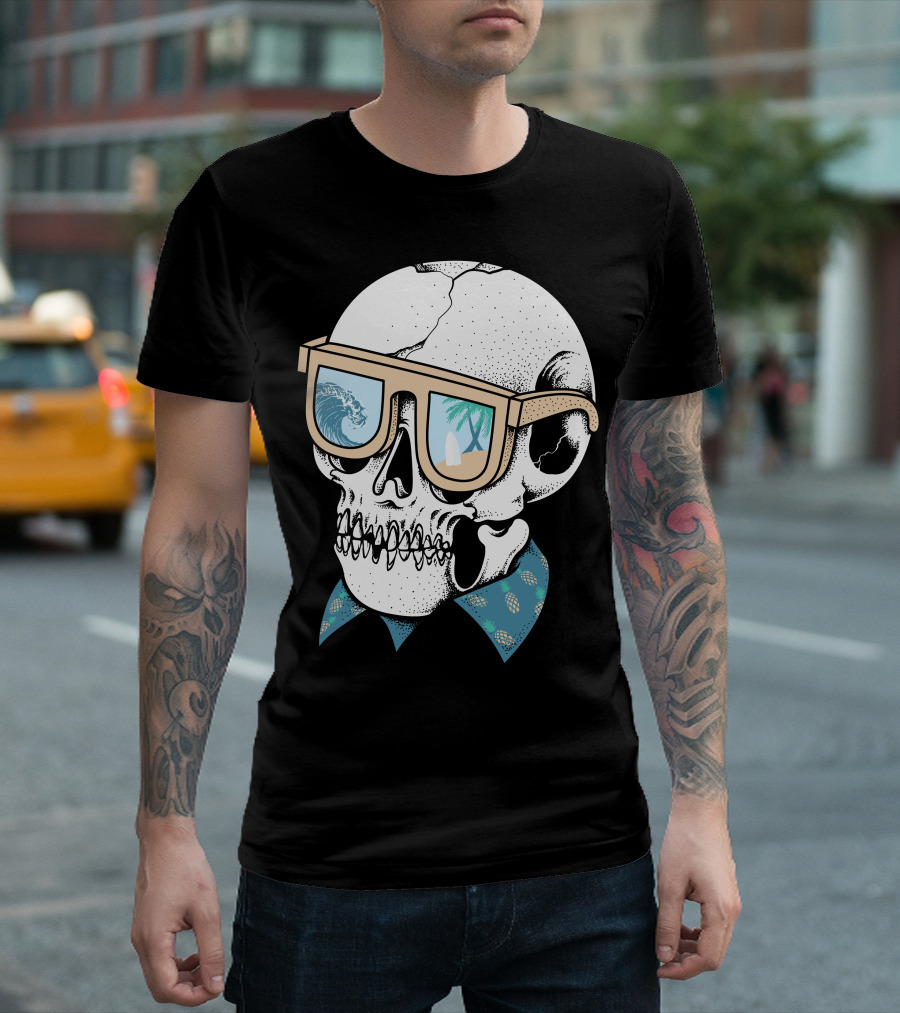 Skull Holiday Beach Vibes Sunglasses Surfing And Palm Trees T-Shirt