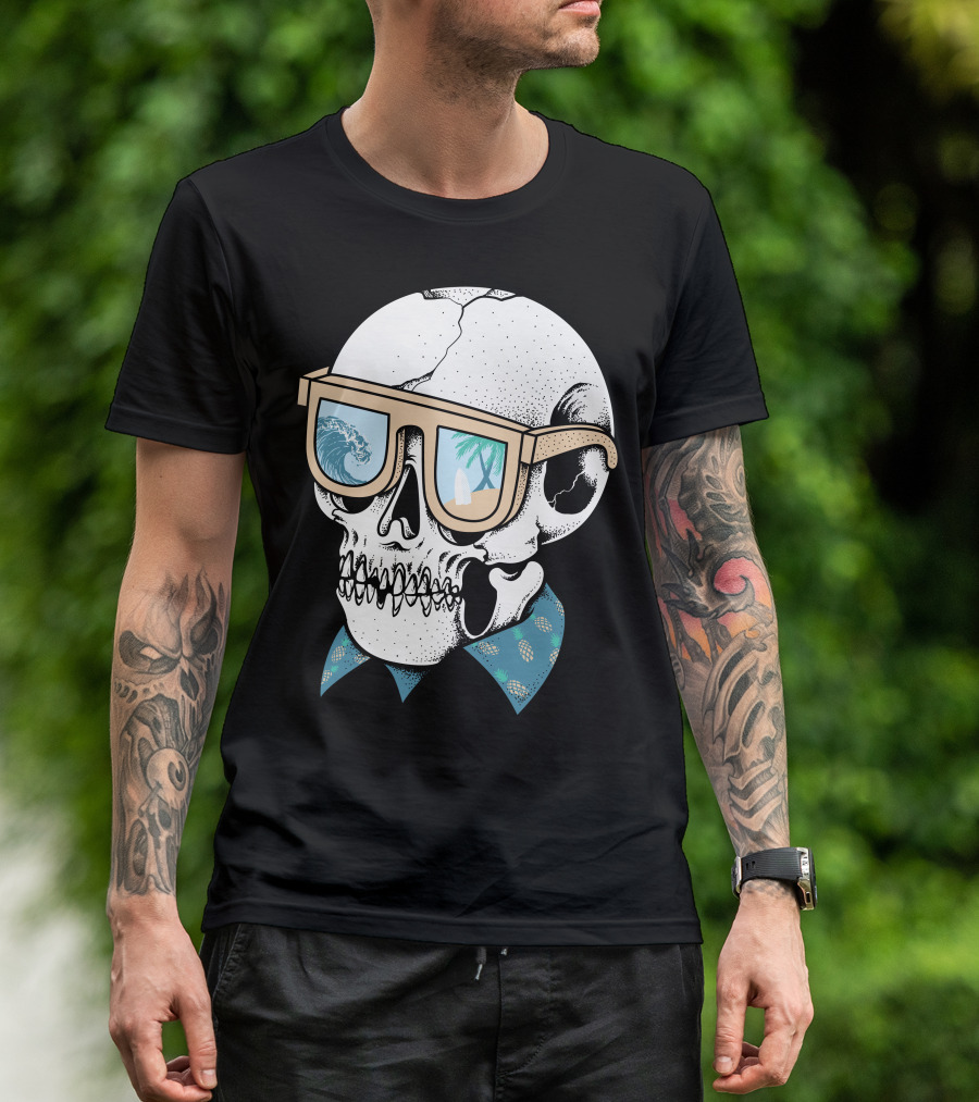 Skull Holiday Beach Vibes Sunglasses Surfing And Palm Trees T-Shirt
