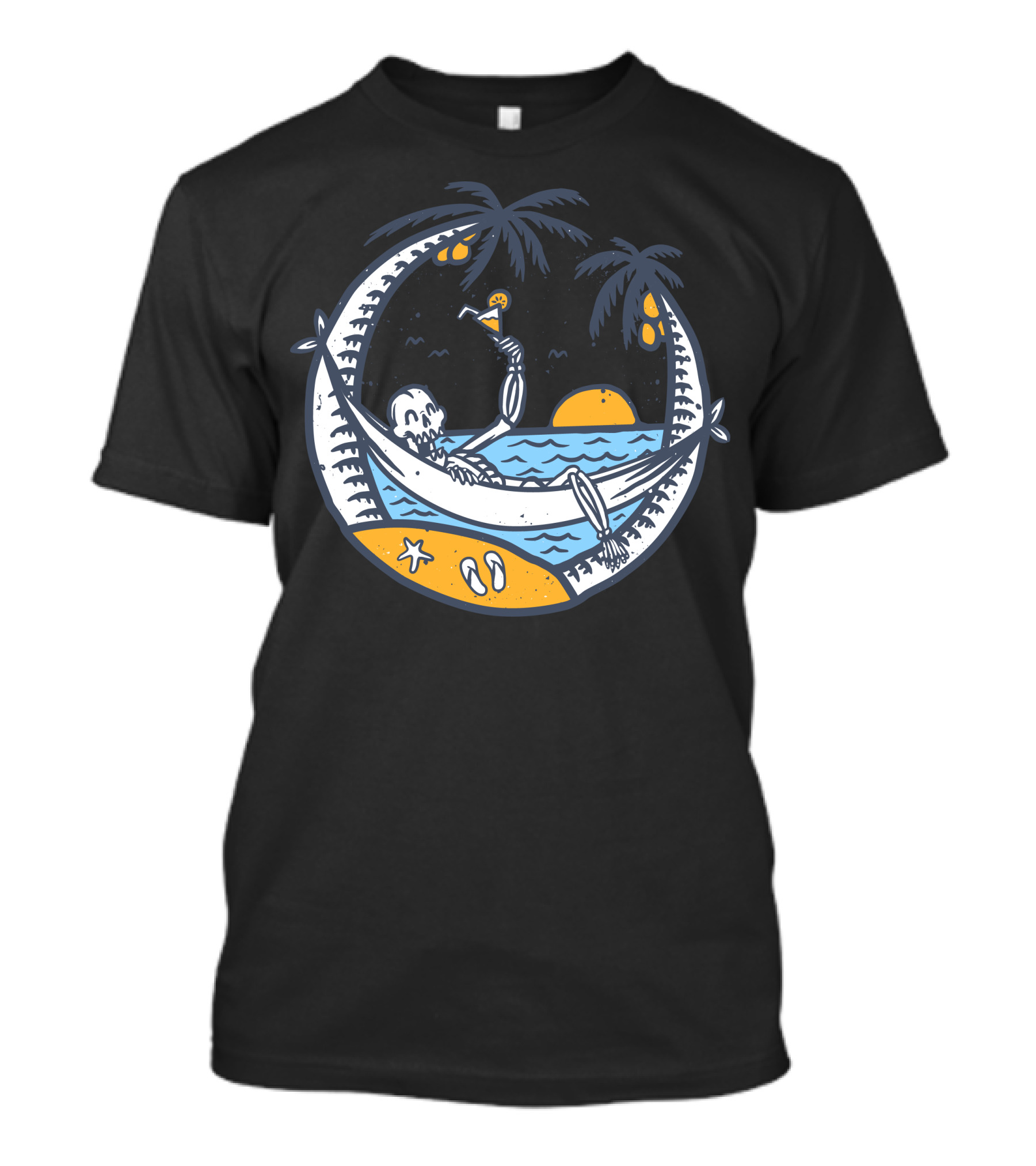 Skull Summer Relaxing In Tropical Sunset Hammock With Palm Trees And Ocean Waves T-Shirt