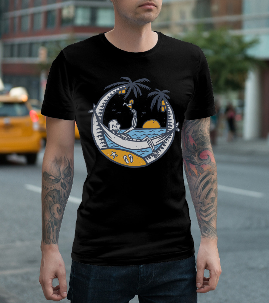 Skull Summer Relaxing In Tropical Sunset Hammock With Palm Trees And Ocean Waves T-Shirt