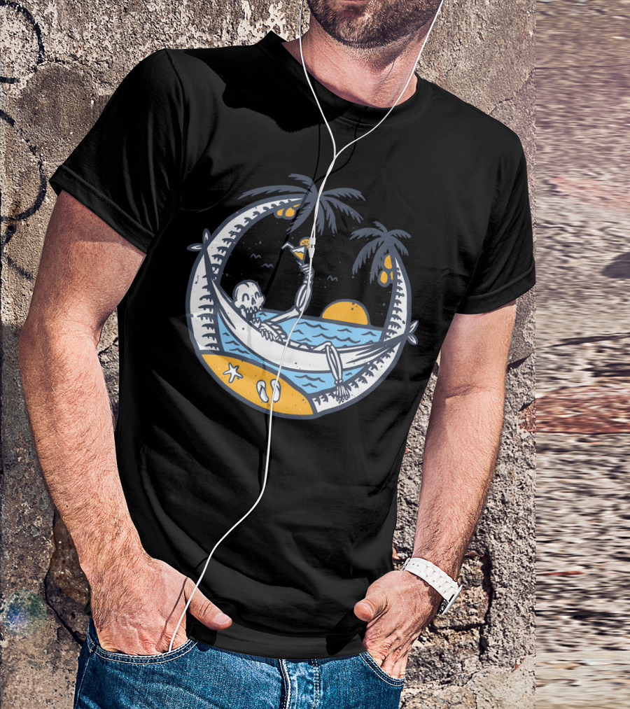 Skull Summer Relaxing In Tropical Sunset Hammock With Palm Trees And Ocean Waves T-Shirt