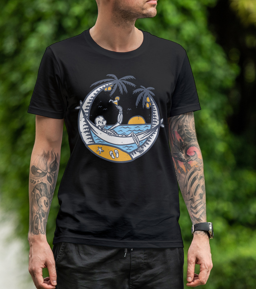 Skull Summer Relaxing In Tropical Sunset Hammock With Palm Trees And Ocean Waves T-Shirt