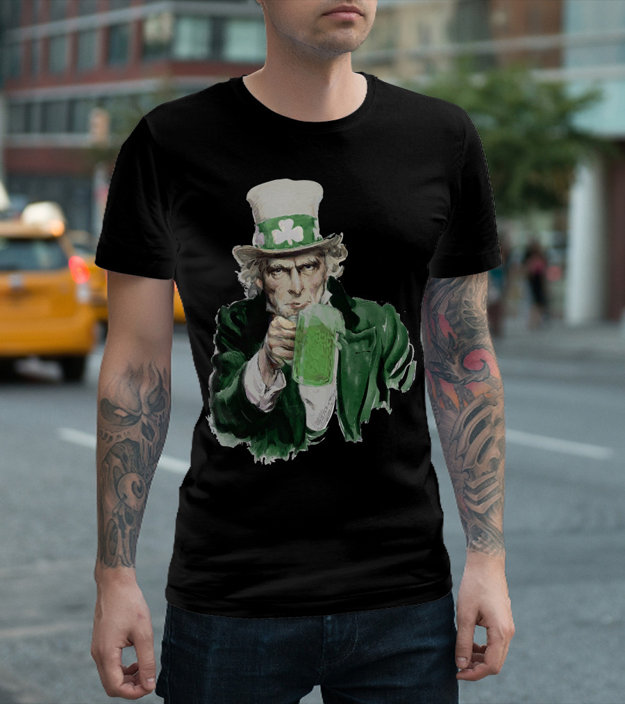St Patricks Day Uncle Sam with Green Beer and Shamrock Hat T-Shirt