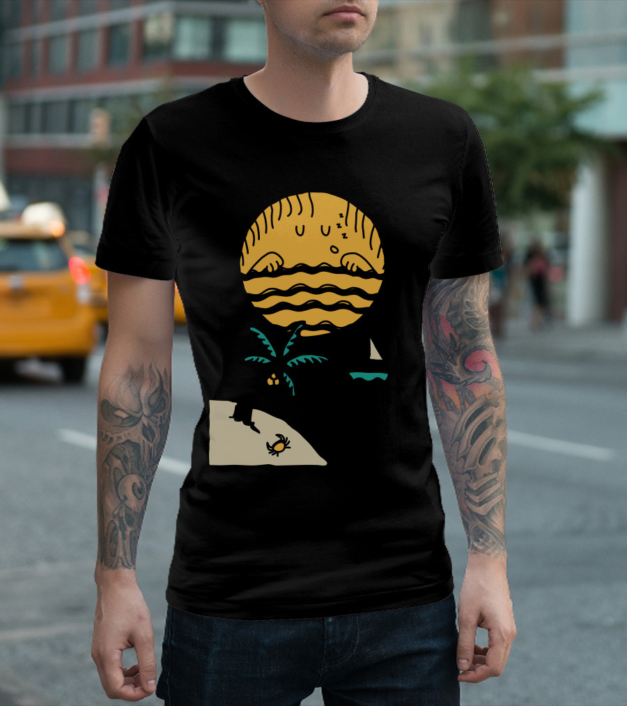 Sun Sleep Dreaming by the Ocean with Sailing Boat and Palm Island T-Shirt