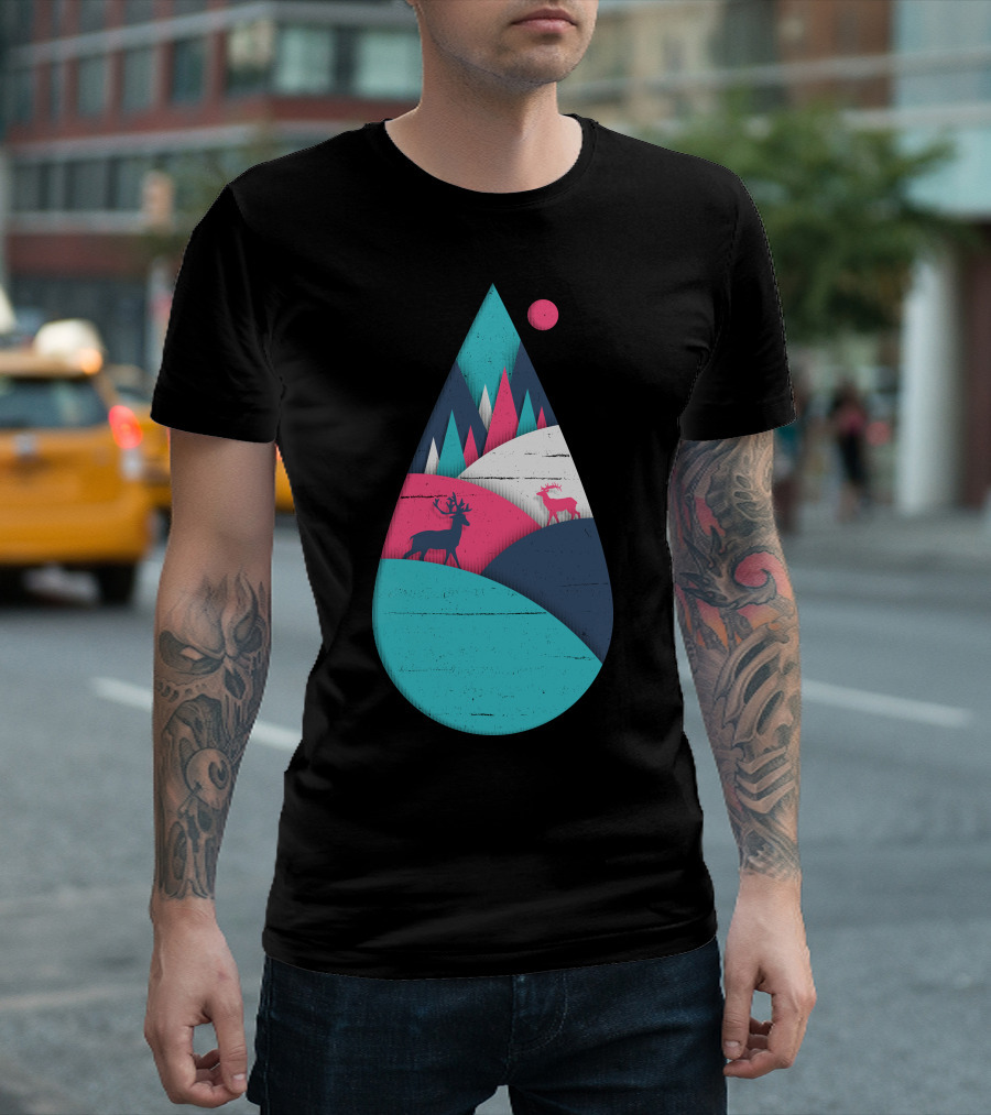Deer In Vibrant Landscape Within Geometric Teardrop T-Shirt